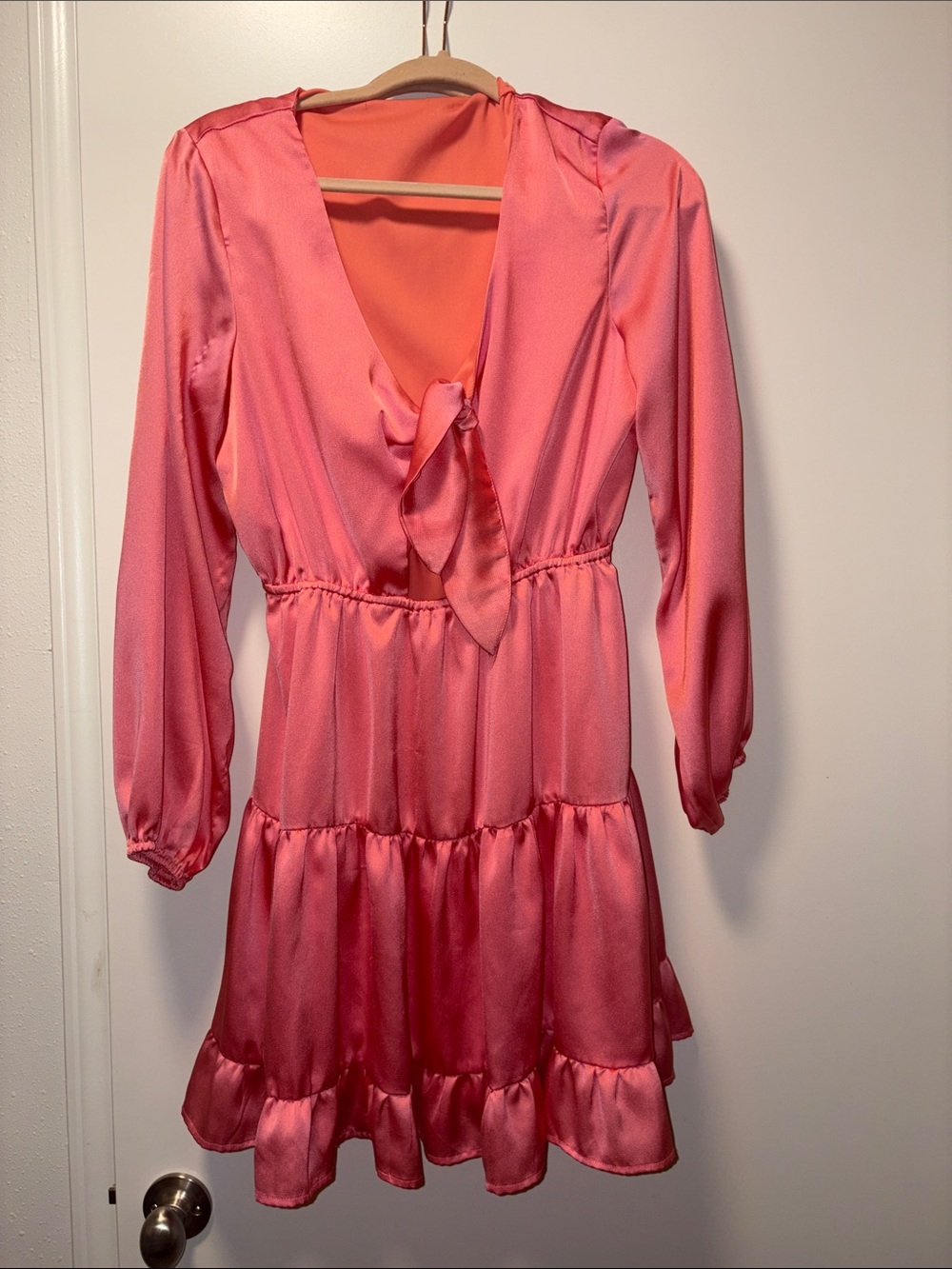 Satin Pink Tie-Neck Tiered Mini Dress